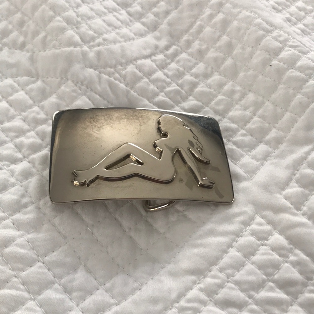 Polished chrome Mud Flap Girl belt buckle